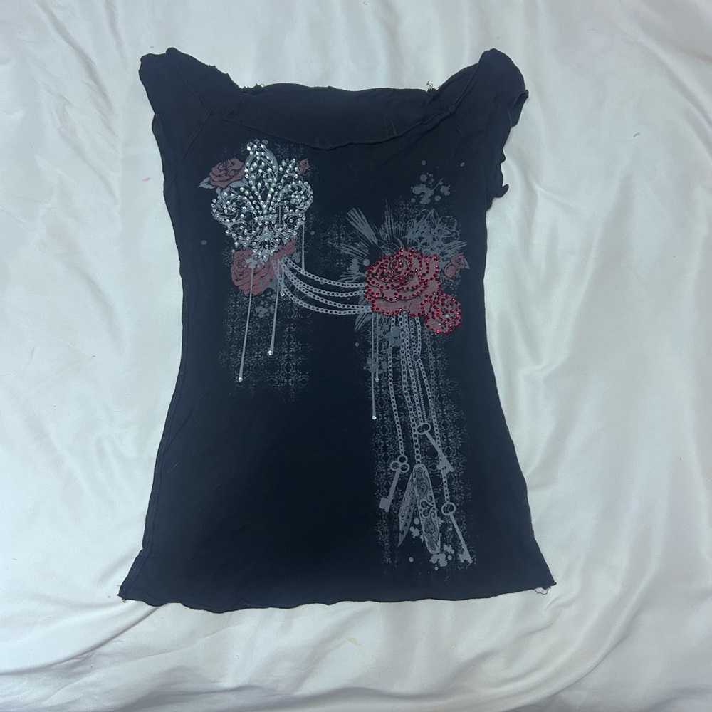 Crash & Burn Black Top with Red and White Floral Design